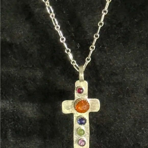 Silver Cross Pendant Necklace with Multicolor Stones